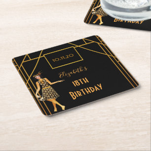 18th birthday black gold 1920's art deco square paper coaster