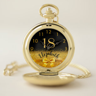 18th birthday black gold bow name elegant pocket watch