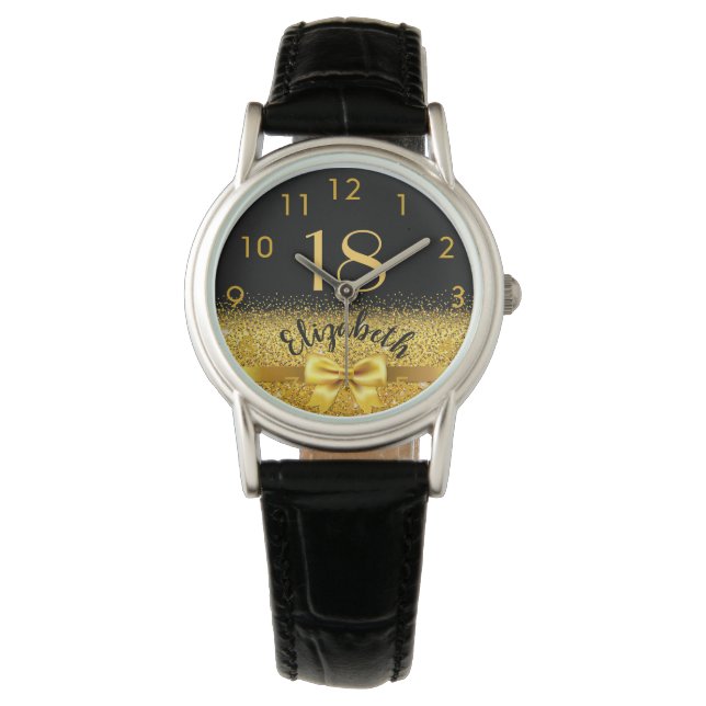 18th birthday black gold elegant bow name watch (Front)