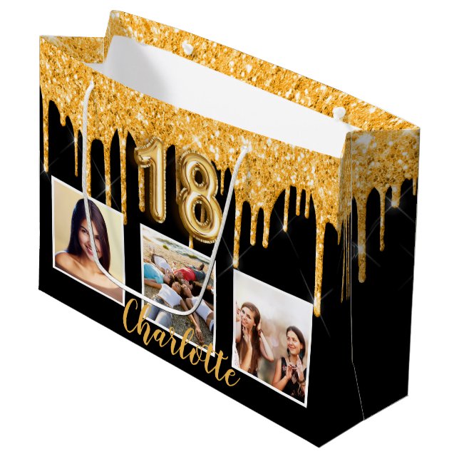 18th birthday black gold glitter drips photo large gift bag (Front Angled)