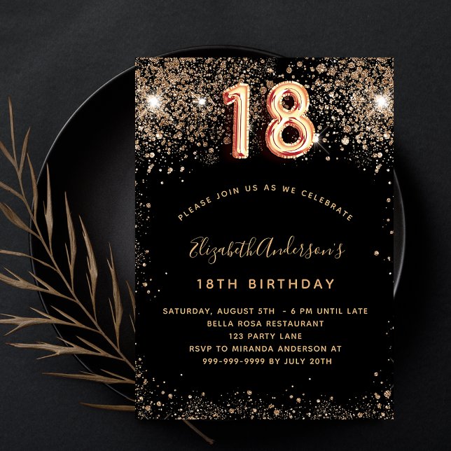 18th birthday black gold glitter glamourous invitation (Creator Uploaded)