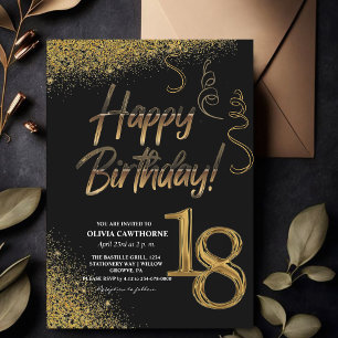 18th Birthday Black & Gold Glitter Modern  Invitation
