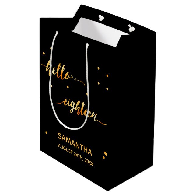 18th birthday black gold hello 18 typography name medium gift bag (Back Angled)