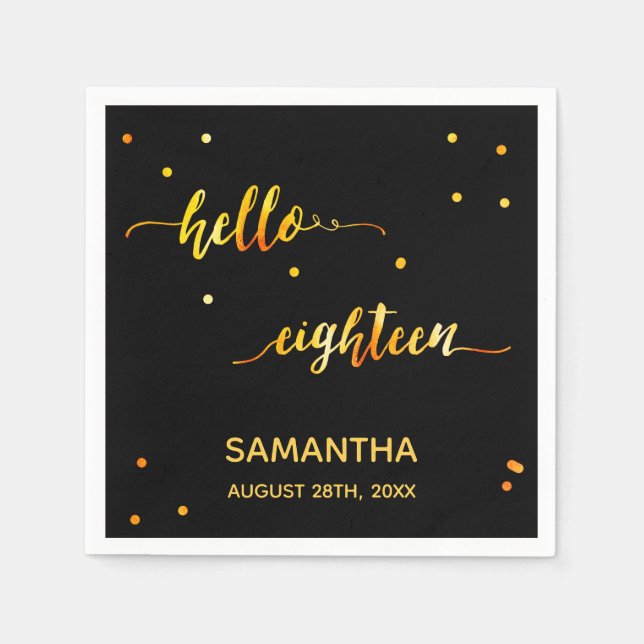 18th birthday black gold hello 18 typography name napkin (Front)