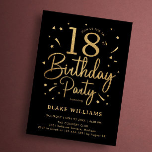 18th Birthday Black Gold Invitation