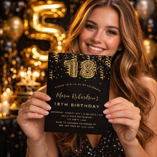 18th birthday black gold leopard pattern confetti invitation