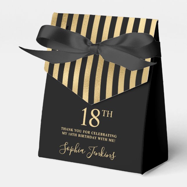 18th Birthday Black Gold Striped Thank You Favour Box (Front Side)