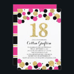 18th Birthday Black Hot Pink Gold Glitter Confetti Invitation<br><div class="desc">Sparkling Glitter Confetti 18th Birthday. Gold, Hot Pink and Black confetti tossed around on this trendy eighteenth birthday invitation. The number "18" in gold faux digital glitter. If you would like a colour change please email paula@labellarue.com before you place an order and a new template will be made. Be sure...</div>
