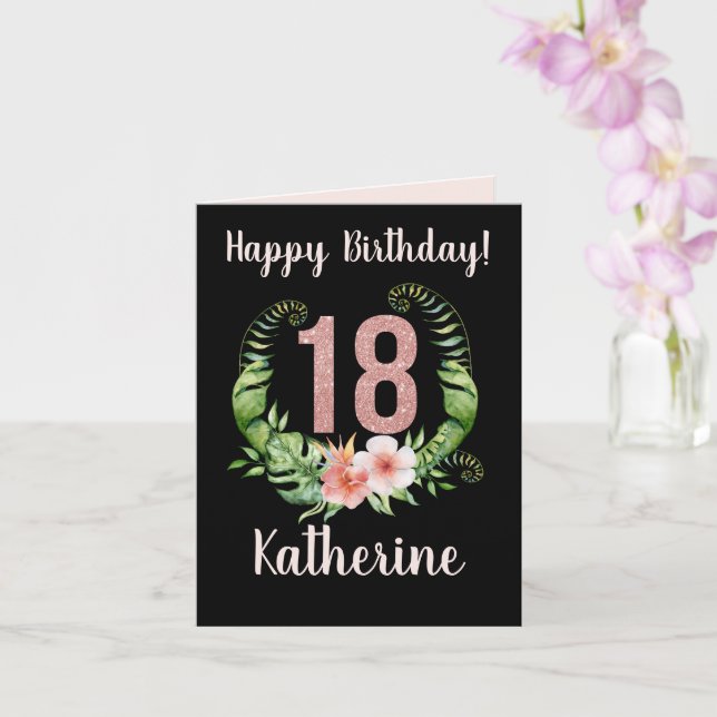 18th Birthday Black Pink Glitter Floral Name Card (Orchid)