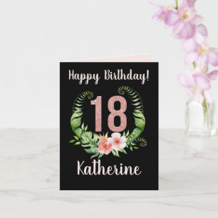 18th Birthday Black Pink Glitter Floral Name Card