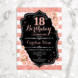 18th Birthday Black Rose Gold and White Stripes Invitation<br><div class="desc">18th Birthday Invitation.
Elegant rose gold white and black design with faux glitter. Features stripes,  blush pink roses,  script font and confetti. Perfect for an elegant birthday party.</div>