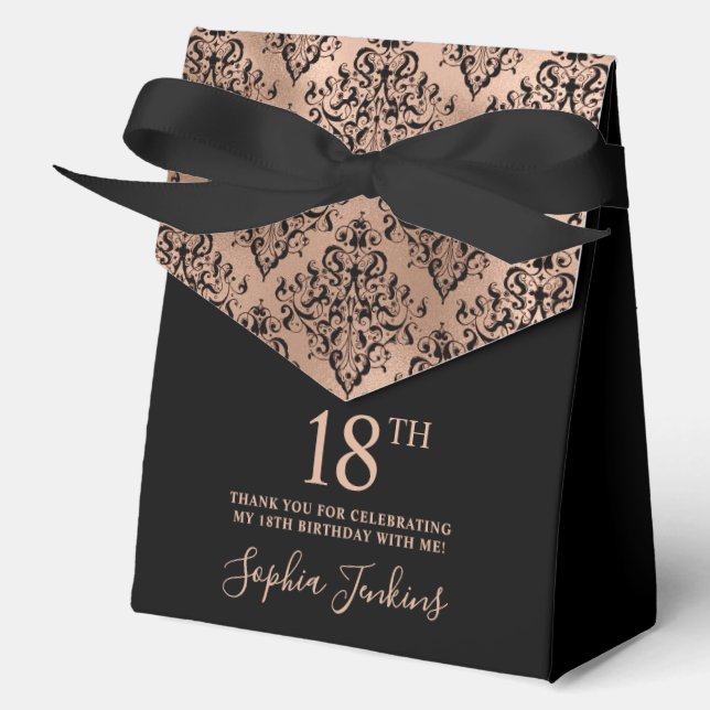 18th Birthday Black Rose Gold Damask Thank You  Favour Box (Front)