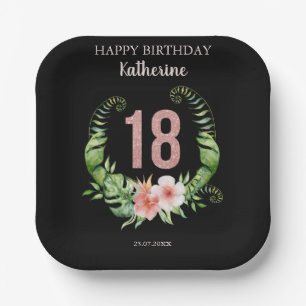 18th Birthday black rose gold glitter floral Paper Plate