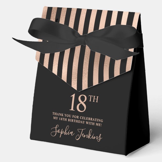 18th Birthday Black Rose Gold Striped Thank You  Favour Box (Front)