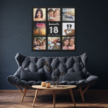 18th birthday black silver custom photo collage faux canvas print<br><div class="desc">A unique gift for a girl's 18th birthday, celebrating her life with a collage of 8 of your own photos, pictures. Personalise and add her name and a date. A chic black background. The name is written with a modern hand lettered style script, number 18 with a faux silver balloon...</div>