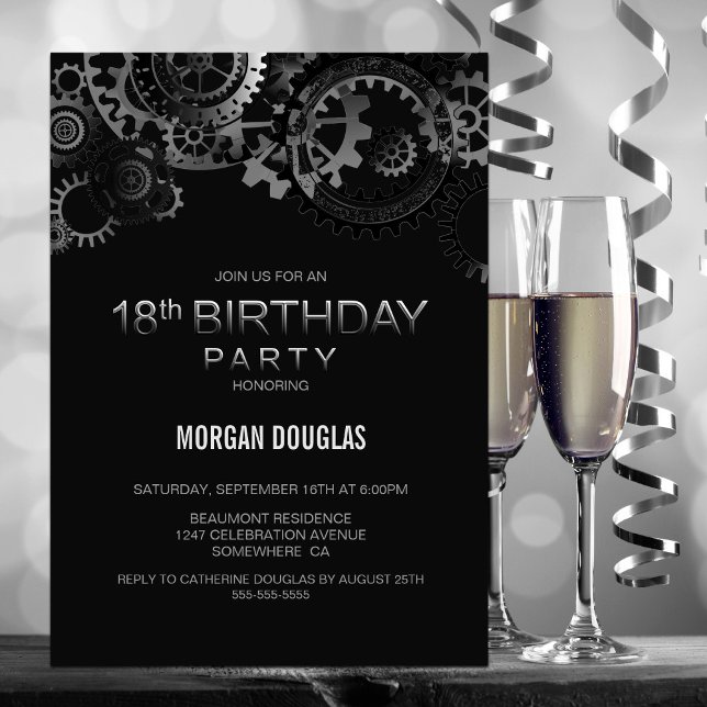 18th Birthday Black Silver Steampunk Watch Gears Invitation (Creator Uploaded)
