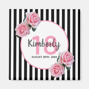 18th birthday black stripes pink florals magnet