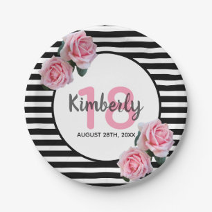 18th birthday black stripes pink florals paper plate