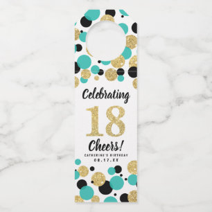 18th Birthday Black Teal Gold Glitter Confetti Bottle Tag