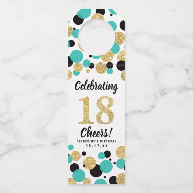 18th Birthday Black Teal Gold Glitter Confetti Bottle Tag (Front)
