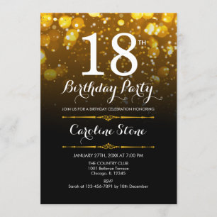 18th Birthday - Black White Gold Invitation