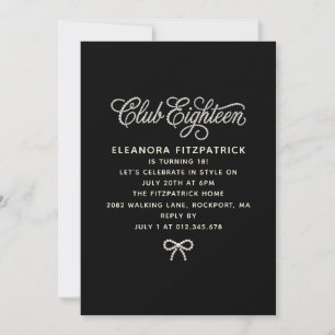 18th Birthday Black White Pearl Script Bow Invitation