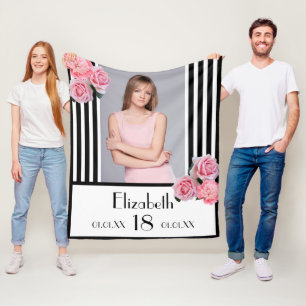 18th birthday black white stripes floral photo fleece blanket