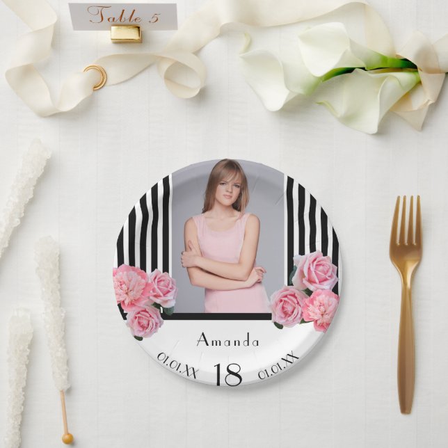 18th birthday black white stripes florals photo paper plate (Wedding)