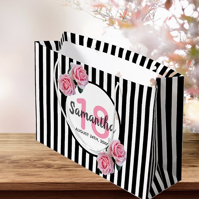 18th birthday black white stripes pink roses name large gift bag (Creator Uploaded)
