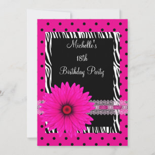18th Birthday Black White Zebra Pink Spot Flower Invitation