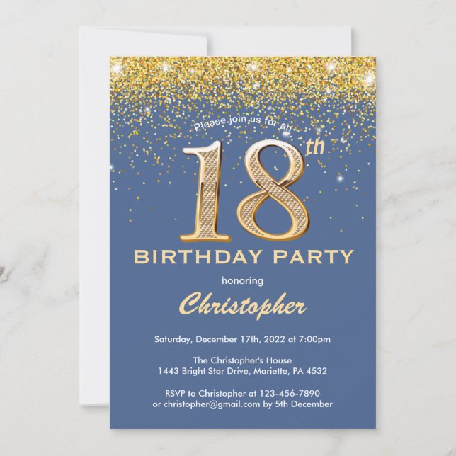18th Birthday Blue and Gold Glitter Confetti Invitation (Front)