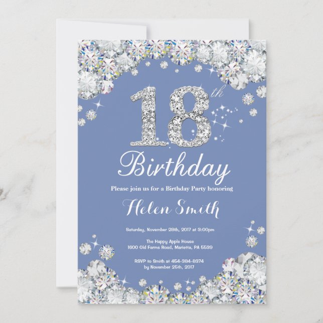 18th Birthday Blue and Silver Diamond Invitation (Front)