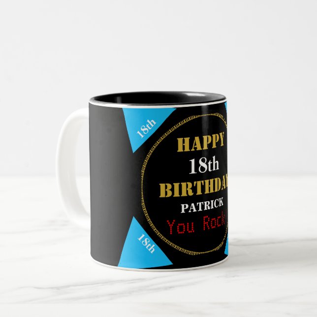 18th Birthday Blue Black Gold Two-Tone Coffee Mug (Front Left)