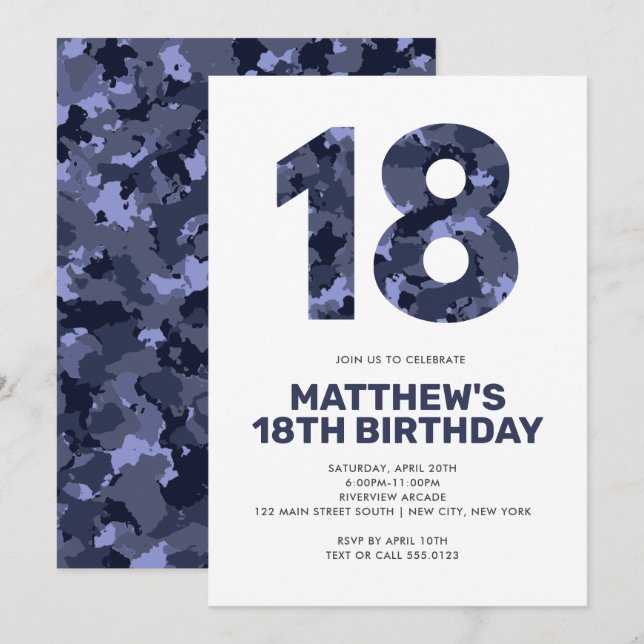18TH Birthday, Blue Camo Personalised Teen Invitation (Front/Back)