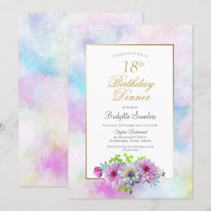 18th Birthday Blue Pink Floral Pastel Dinner Invitation