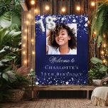 18th birthday blue silver stars photo welcome poster<br><div class="desc">A welcome poster for a 18th birthday party.  A navy blue background with elegant faux silver stars. The blue colour is uneven.  Personalise and add a photo,  name and text.  White letters. 
Back: no design</div>