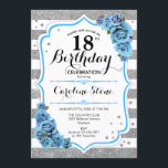 18th Birthday - Blue Silver White Stripes Invitation<br><div class="desc">18th Birthday Invitation.
Elegant design in faux glitter silver,  white and turquoise aqua blue. Features stylish script fort,  stripes and blue roses. Perfect for an elegant birthday party. Can be customized into any age.</div>