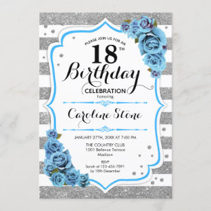 18th Birthday - Blue Silver White Stripes Invitation