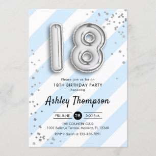18th Birthday - Blue Stripes and Silver Balloons Invitation