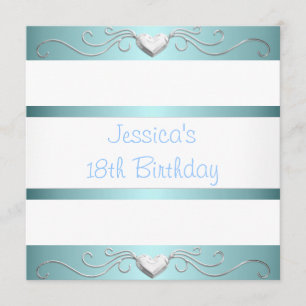 18th Birthday Blue White Silver Metal Hearts Invitation