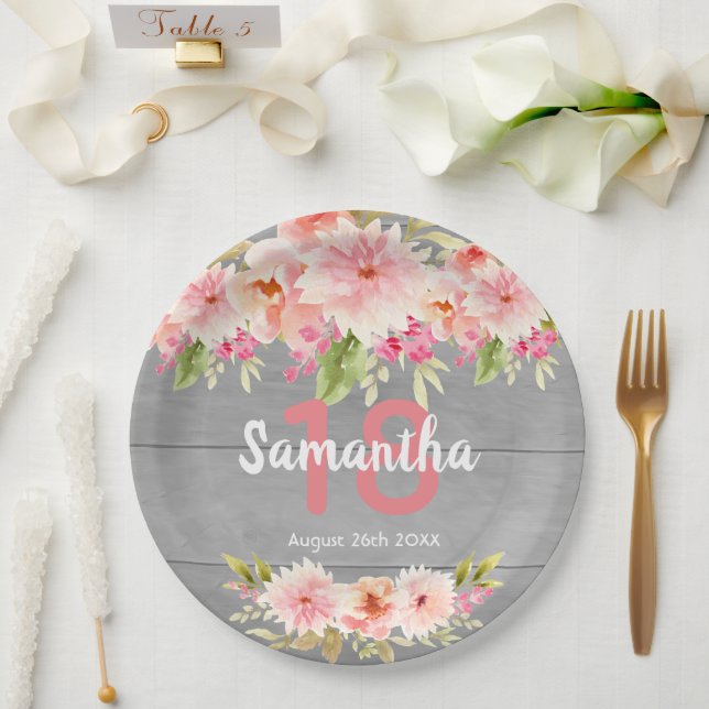 18th birthday blush florals grey wood rustic paper plate (Wedding)
