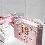 18th birthday blush pink glitter drips monogram   large gift bag<br><div class="desc">Elegant, classic, glamourous and girly for a 18th birthday party. A chic blush pink gradient background. Decorated with faux glitter drips, paint dripping look. Personalise and add a name. With the text: Happy Birthday. The name is written with a modern dark rose coloured hand lettered style script. Number 18 is...</div>
