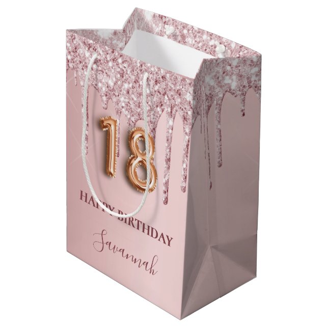 18th birthday blush pink glitter drips monogram medium gift bag (Back Angled)