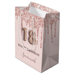 18th birthday blush pink glitter drips rose gold medium gift bag