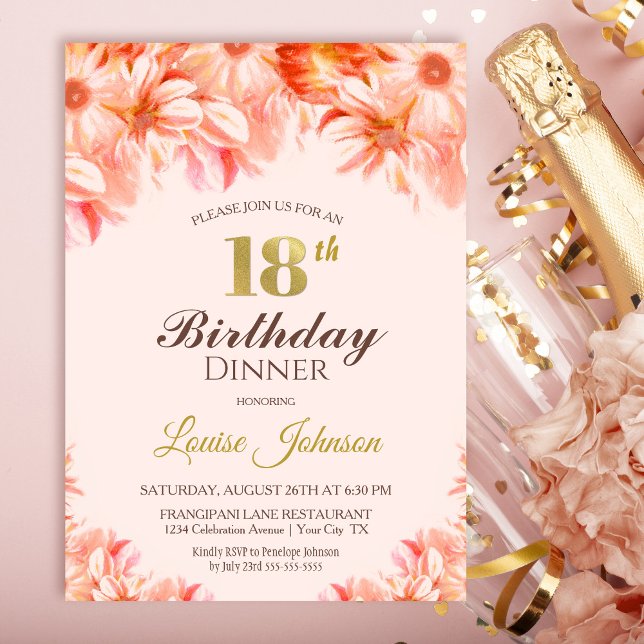18th Birthday  Blush Pink Gold Floral Dinner Party Invitation (Creator Uploaded)