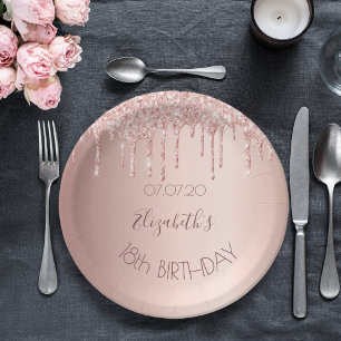 18th birthday blush rose gold glitter drips name paper plate