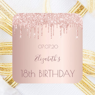 18th birthday blush rose gold glitter drips name square sticker