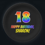 18th Birthday: Bold, Fun, Simple, Rainbow 18 Paper Plate<br><div class="desc">This fun, colorful, and cheerful birthday paper plate design features a large number "18" and the message "HAPPY BIRTHDAY, ", both having a rainbow spectrum gradient inspired pattern coloring, along with a bold yellow custom name. It has a black colored background. Birthday themed paper plates like this might be fun...</div>