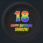 18th Birthday: Bold, Fun, Simple, Rainbow 18 Paper Plate<br><div class="desc">This fun, colorful, and cheerful birthday paper plate design features a large number "18" and the message "HAPPY BIRTHDAY, ", both having a rainbow spectrum gradient inspired pattern coloring, along with a bold yellow custom name. It has a black colored background. Birthday themed paper plates like this might be fun...</div>