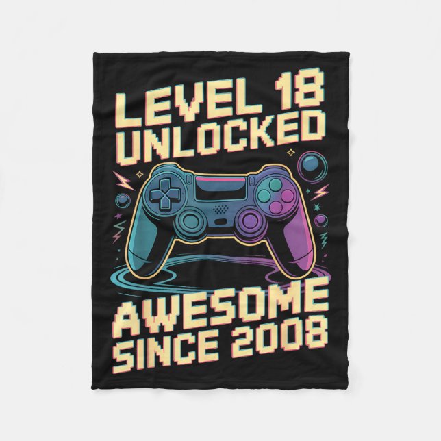18th Birthday Boy Gift Level 18 Gamer 2008 18 Year Fleece Blanket (Front)